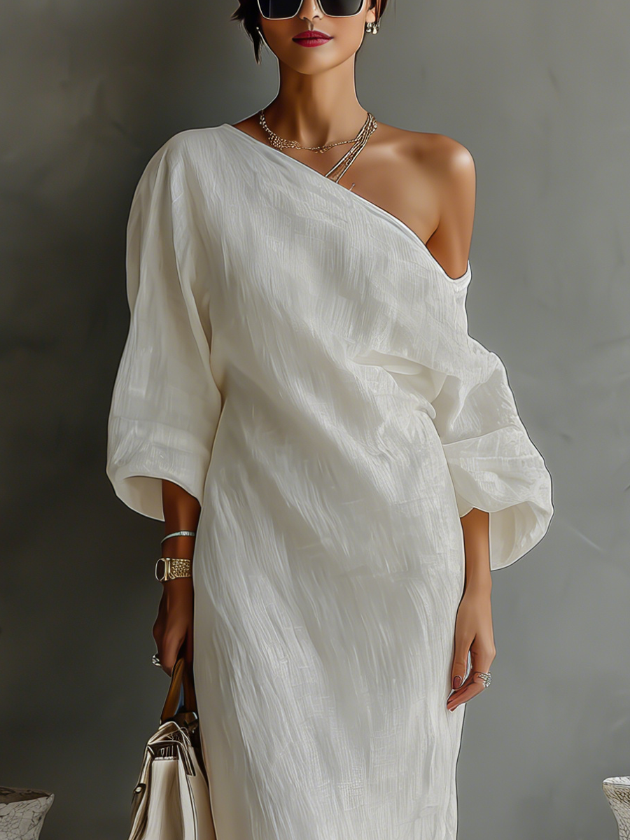 Elegant Flowing Dress in Ivory White Cotton-Linen with Off-Shoulder