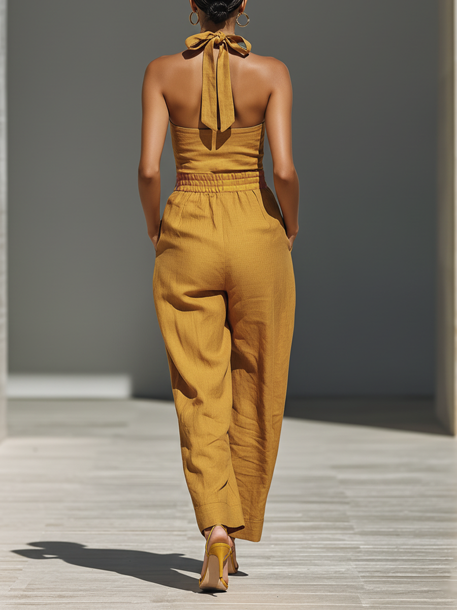 Women's Mustard Yellow Linen-Blend Jumpsuit With Crisscross Neckline & Relaxed Trousers MDZ2808B6T
