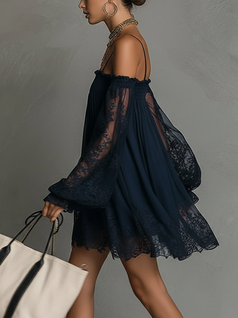 Noemi • Navy blue chiffon mini dress with off-the-shoulder neckline, lace trim, and sheer sleeves