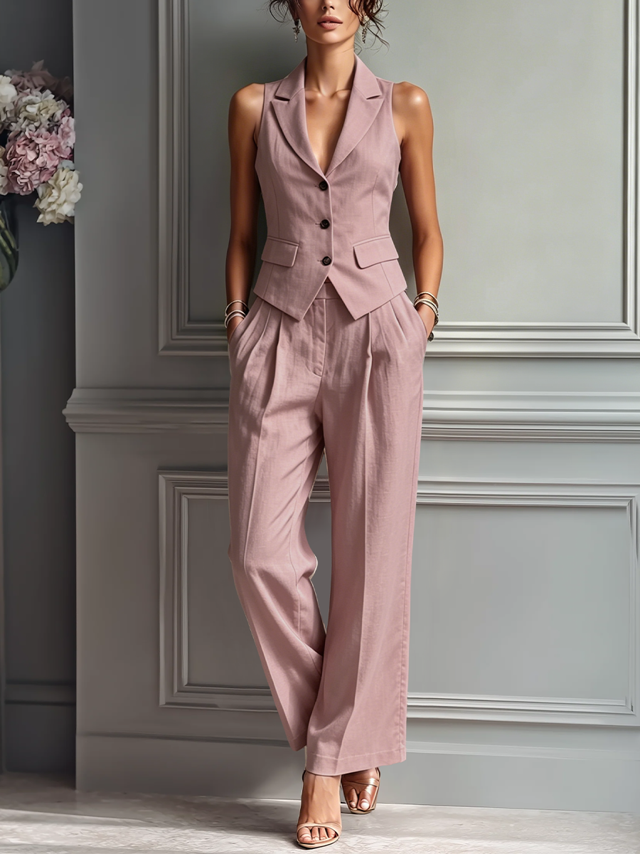 Women's Blush Pink Linen Fabric Sleeveless Vest & Wide-Leg Pants Two-Piece Set With Lapel Collar MDZ3005A5T