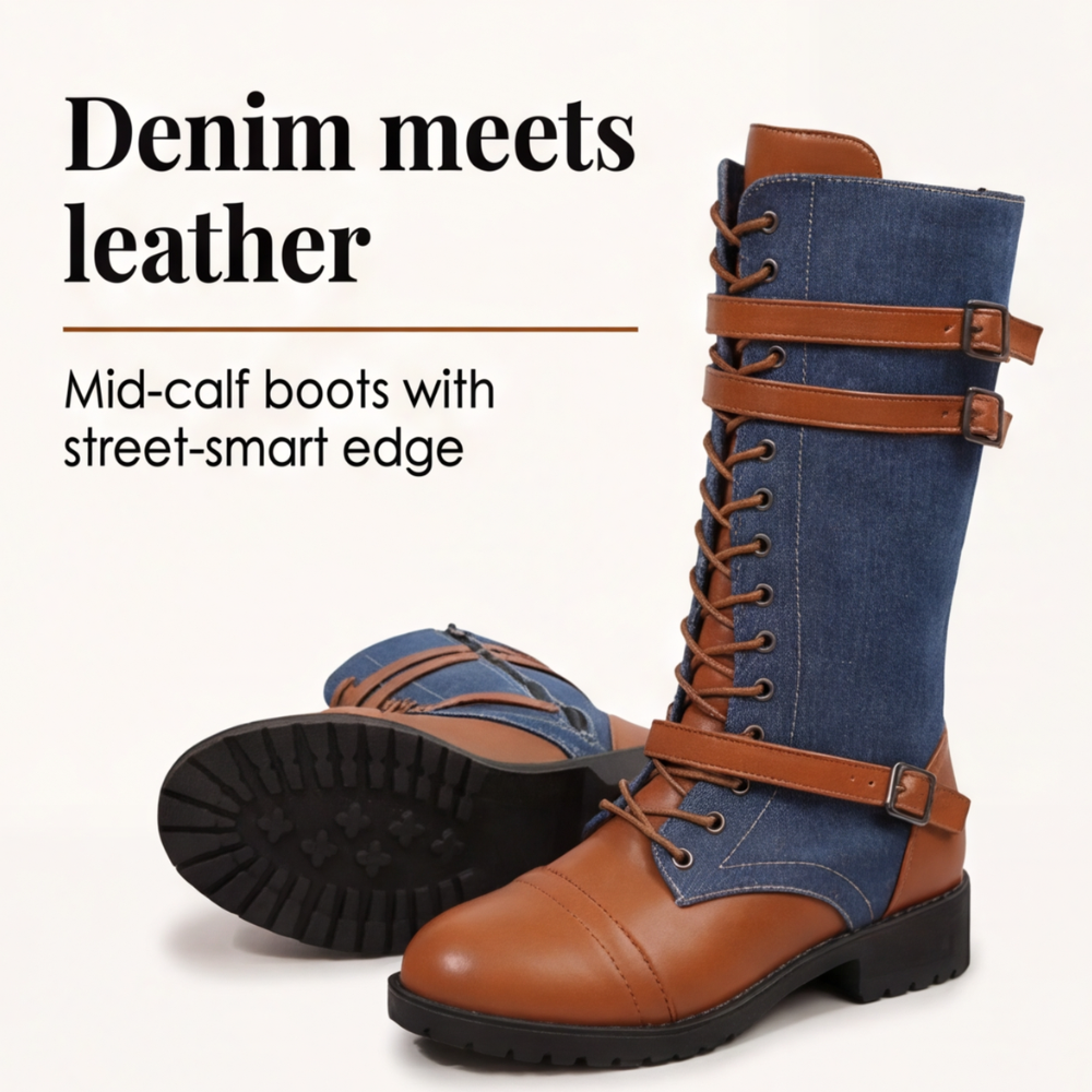 Denara - Denim and Leather Mid-Calf Riding Boots
