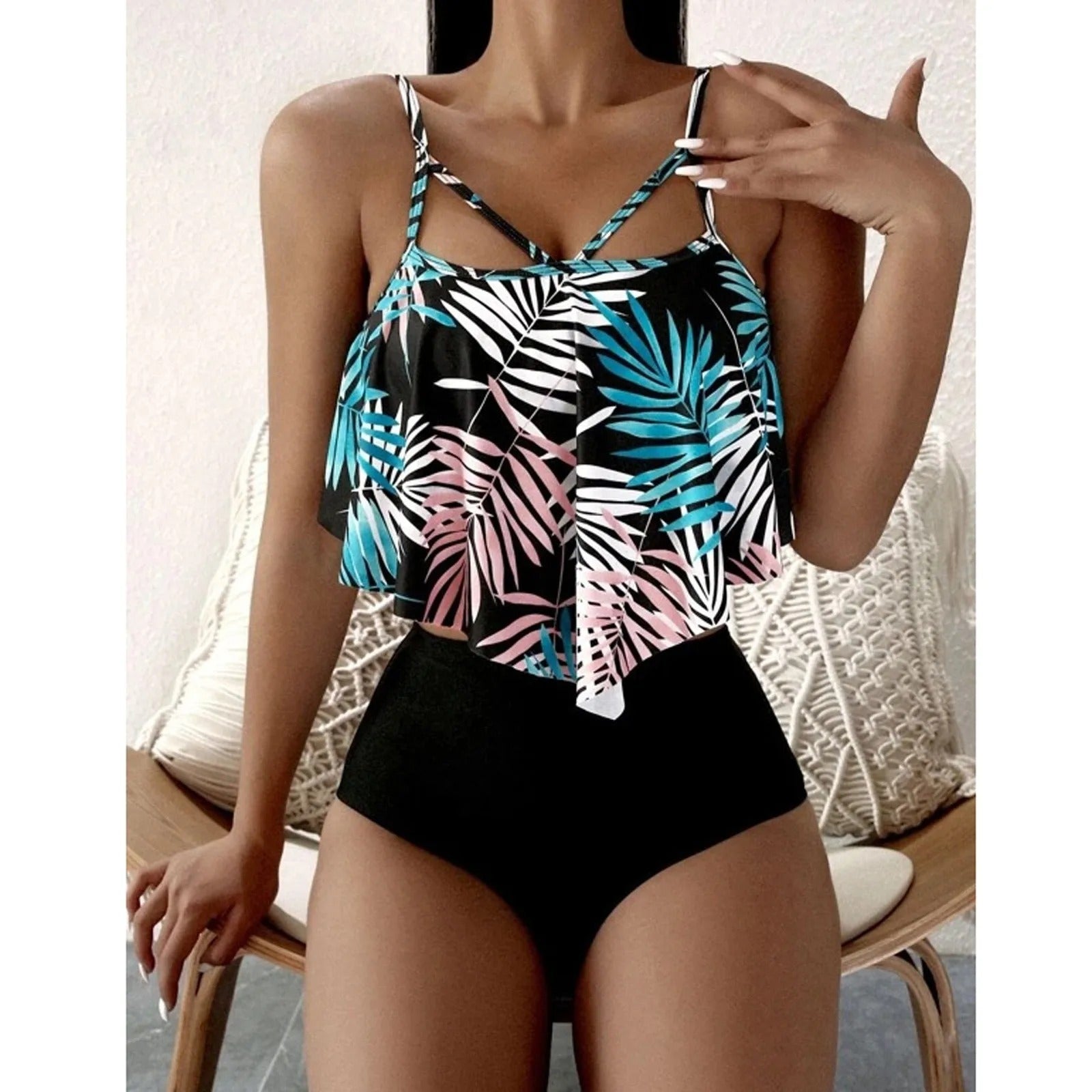 LolaBeach - Ruffled Tankini with Leaf Print