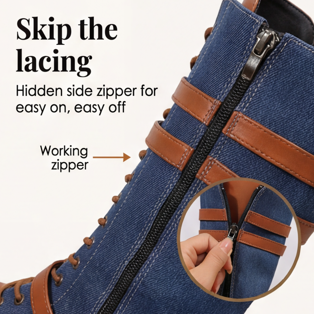 Denara - Denim and Leather Mid-Calf Riding Boots