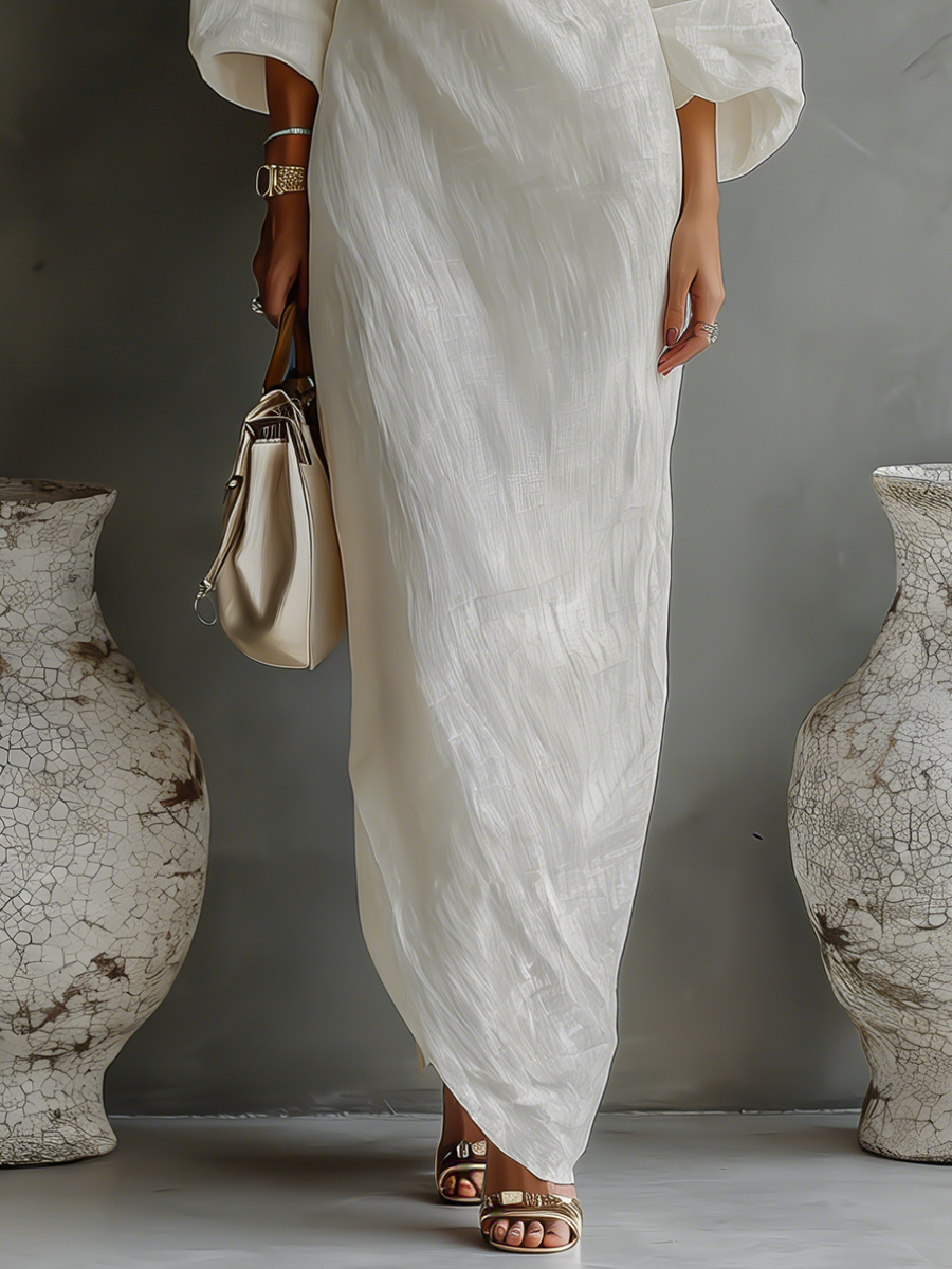 Elegant Flowing Dress in Ivory White Cotton-Linen with Off-Shoulder