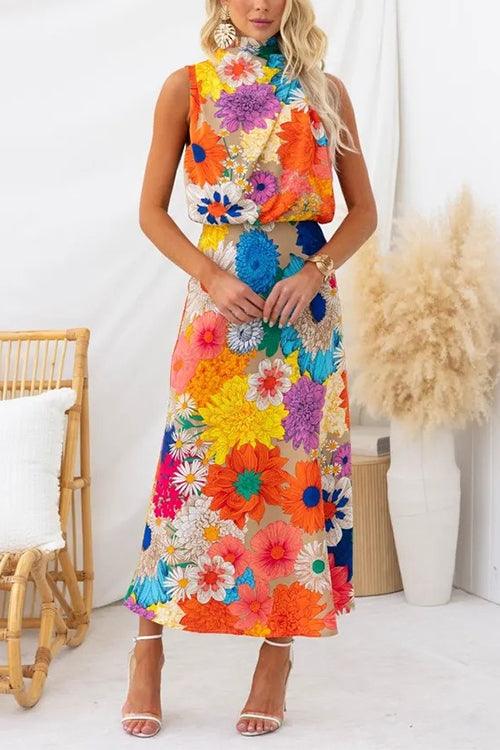 Summer | Sleeveless Tie Neck Waisted Floral Print Maxi Dress