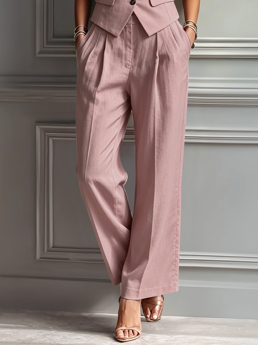 Women's Blush Pink Linen Fabric Sleeveless Vest & Wide-Leg Pants Two-Piece Set With Lapel Collar MDZ3005A5T
