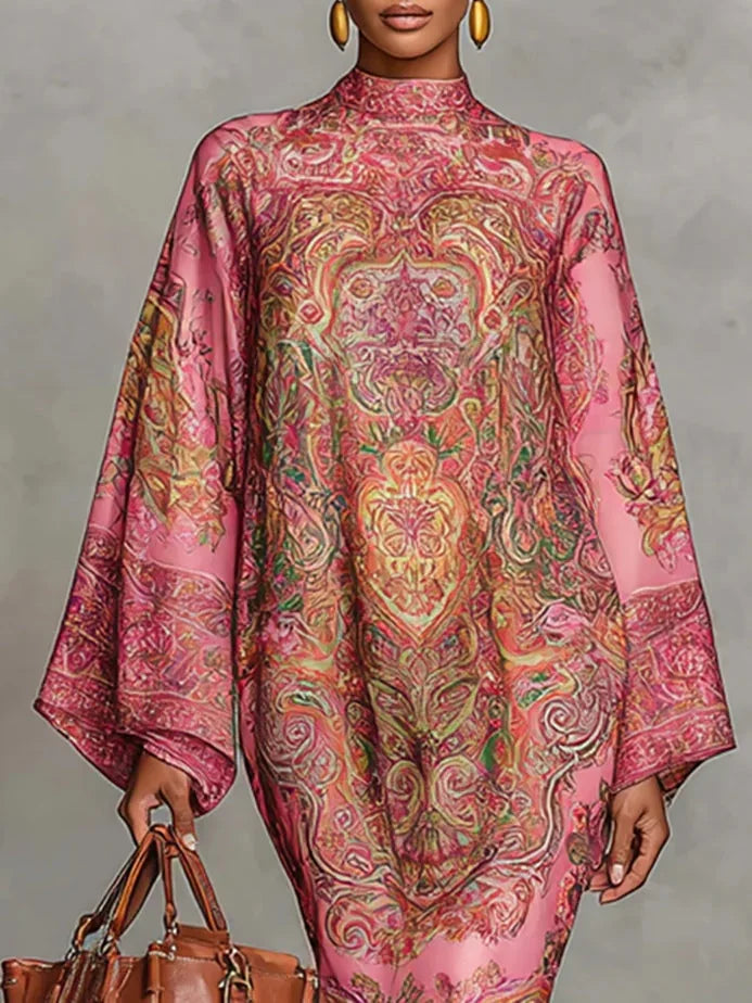 Pink Paisley Print Flared Long Sleeve Loose Midi Dress