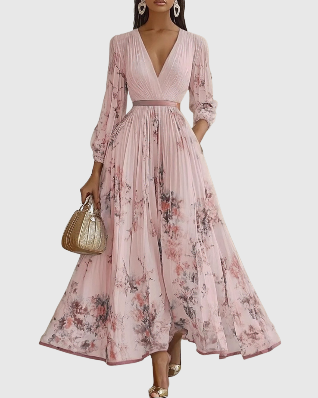 Elegant Long Pleated Dress Rowella - Maxi Fluid Dress for Women