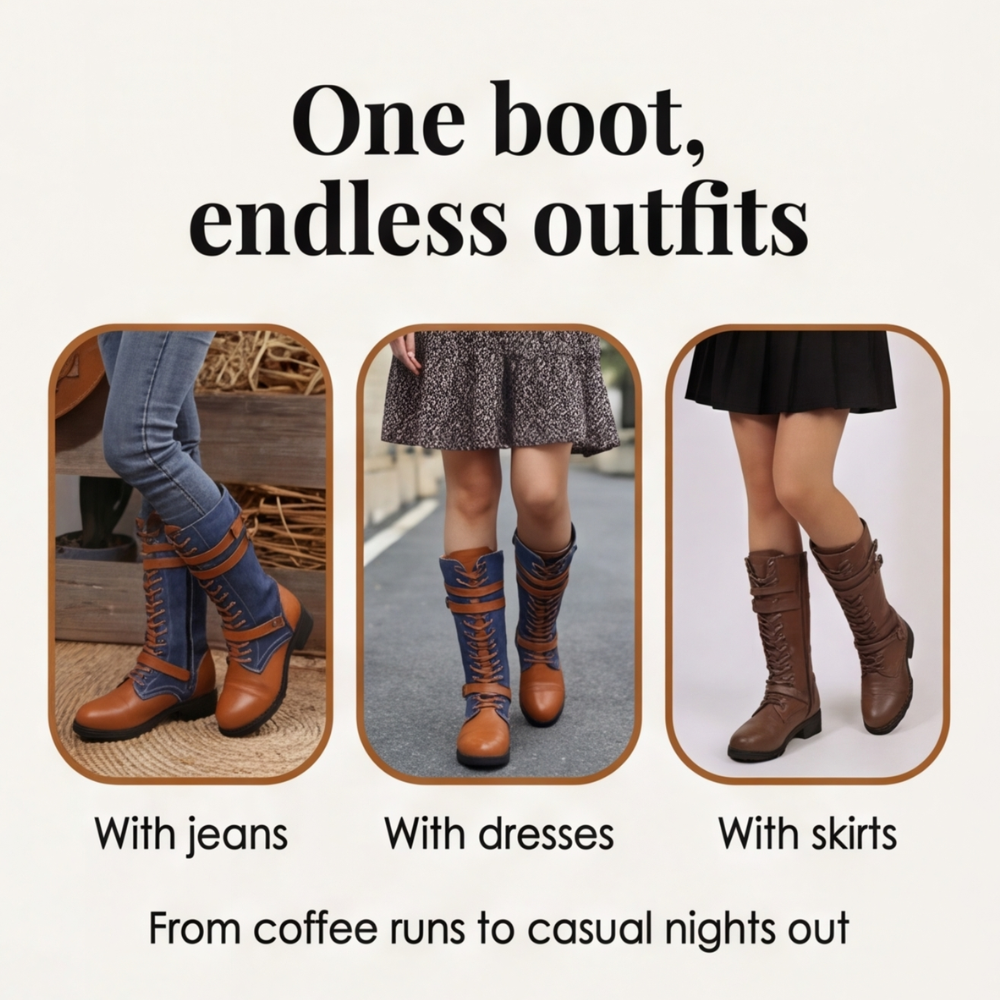 Denara - Denim and Leather Mid-Calf Riding Boots
