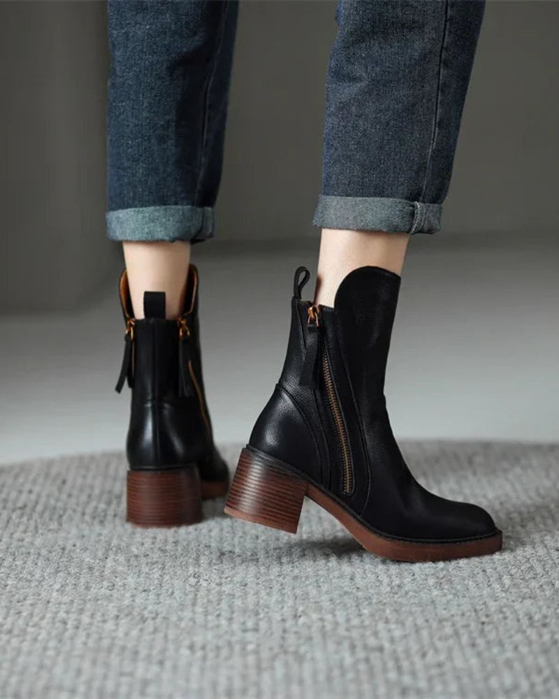 Marcel™ | Black Leather Ankle Boots with Comfortable Heel