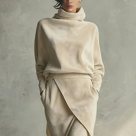 Solid Color Casual Velvet Set with Asymmetrical Design