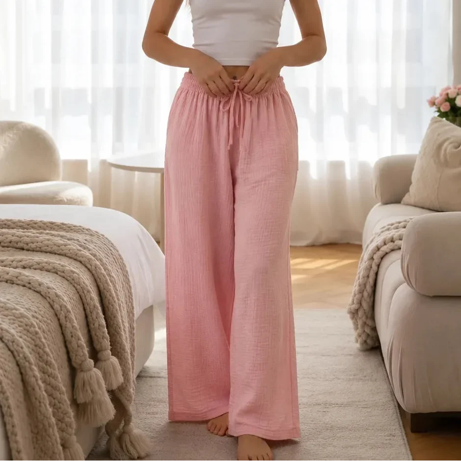 Loravie – Crinkle Wide Leg Elastic Waist Lounge Pants for Women
