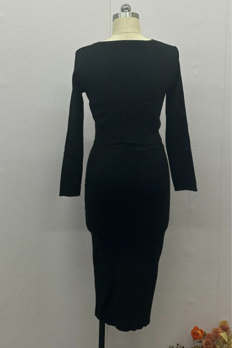 SEREN – DAILY ELEGANT BUCKLE O-NECK LONG SLEEVE TWO-PIECE SET