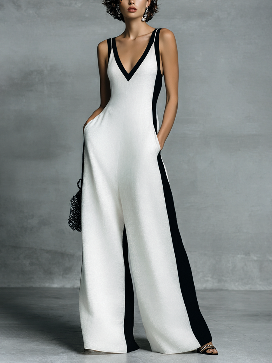 Black and White Cotton and Linen Women's Overalls with Thin Straps