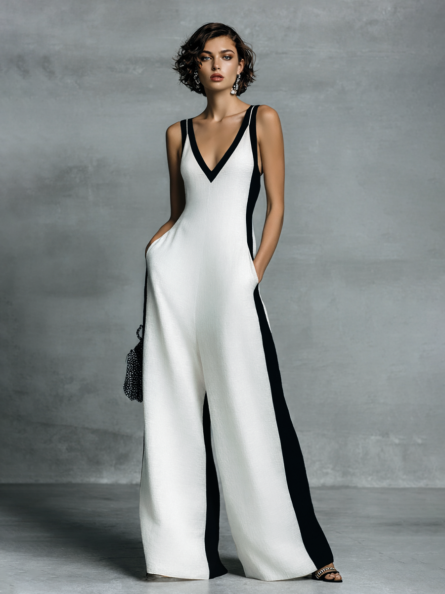 Black and White Cotton and Linen Women's Overalls with Thin Straps