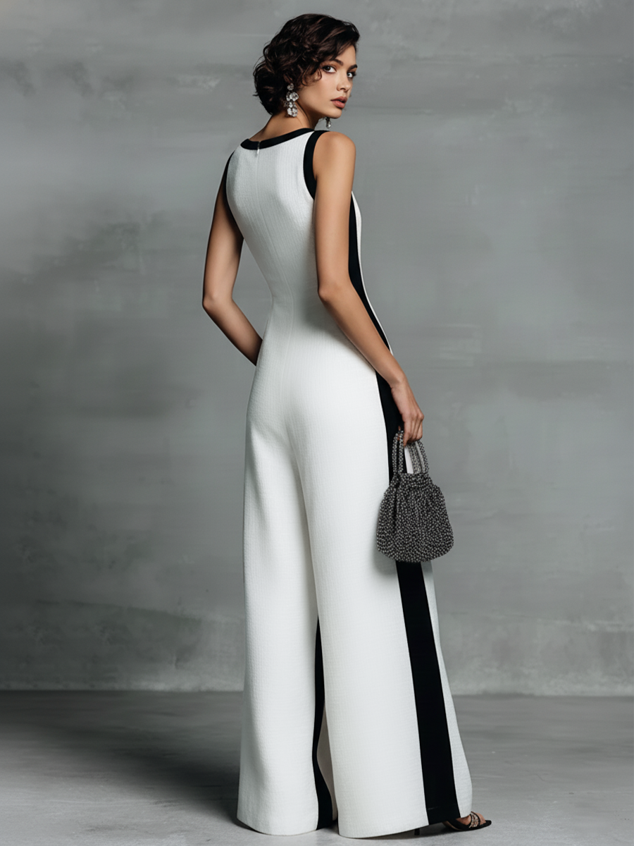 Black and White Cotton and Linen Women's Overalls with Thin Straps