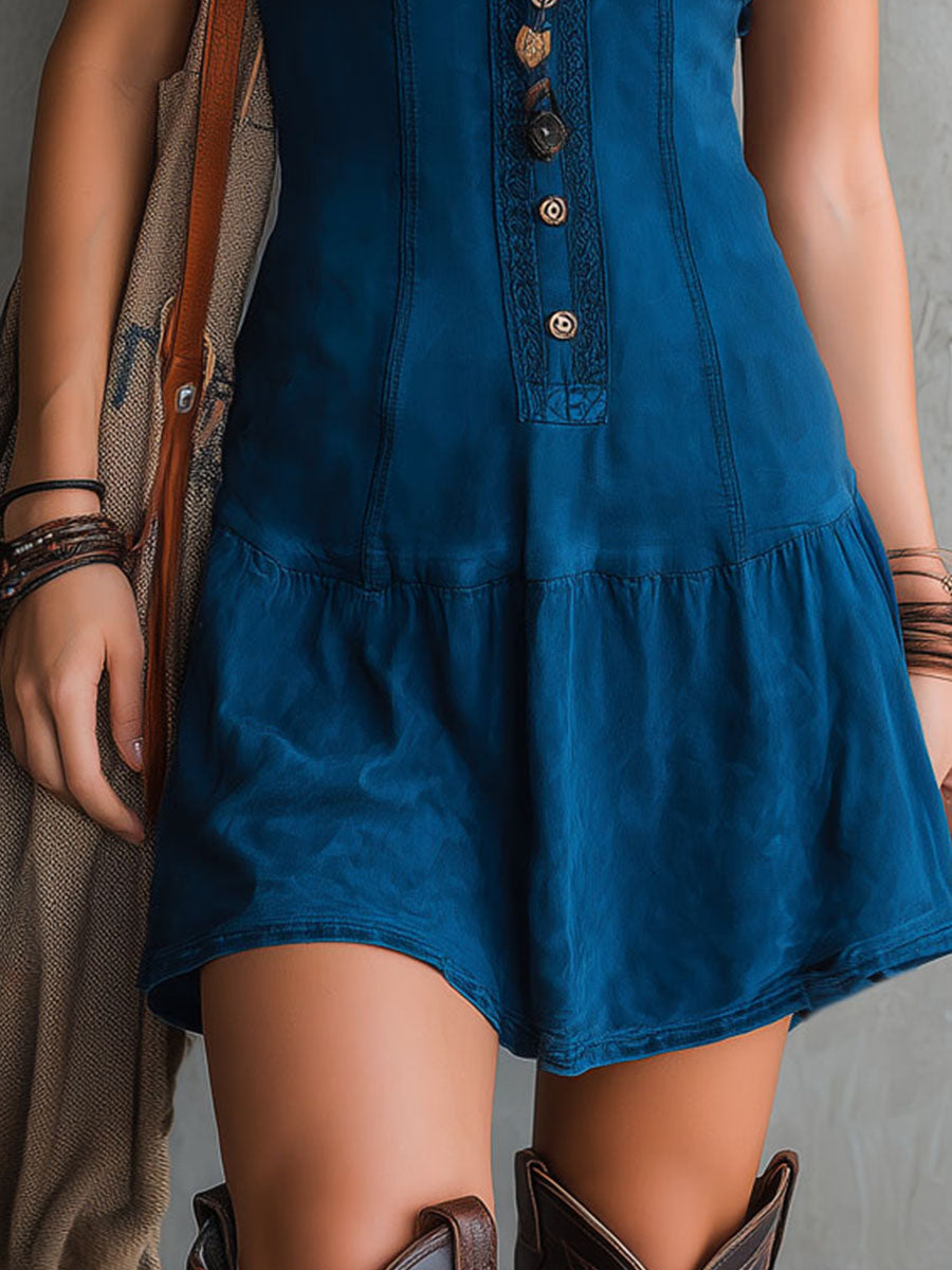 Boho Chic Indigo Embroidery Buttons Sleeveless Mini Dress