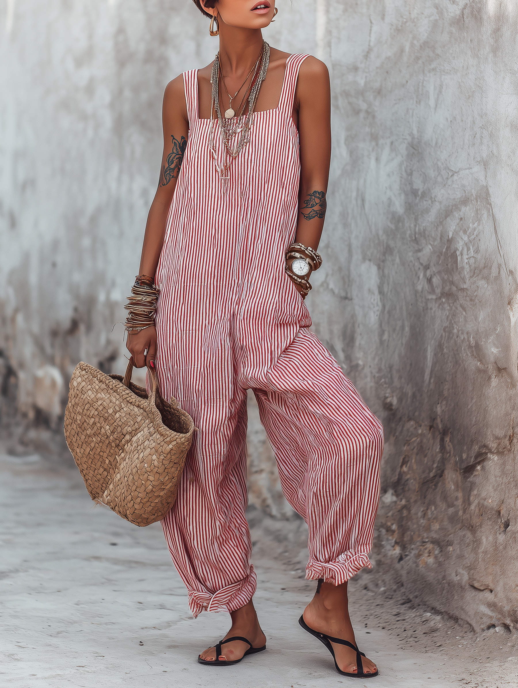 Sleeveless square neck jumpsuit with minimalist stripes and soft cut for women
