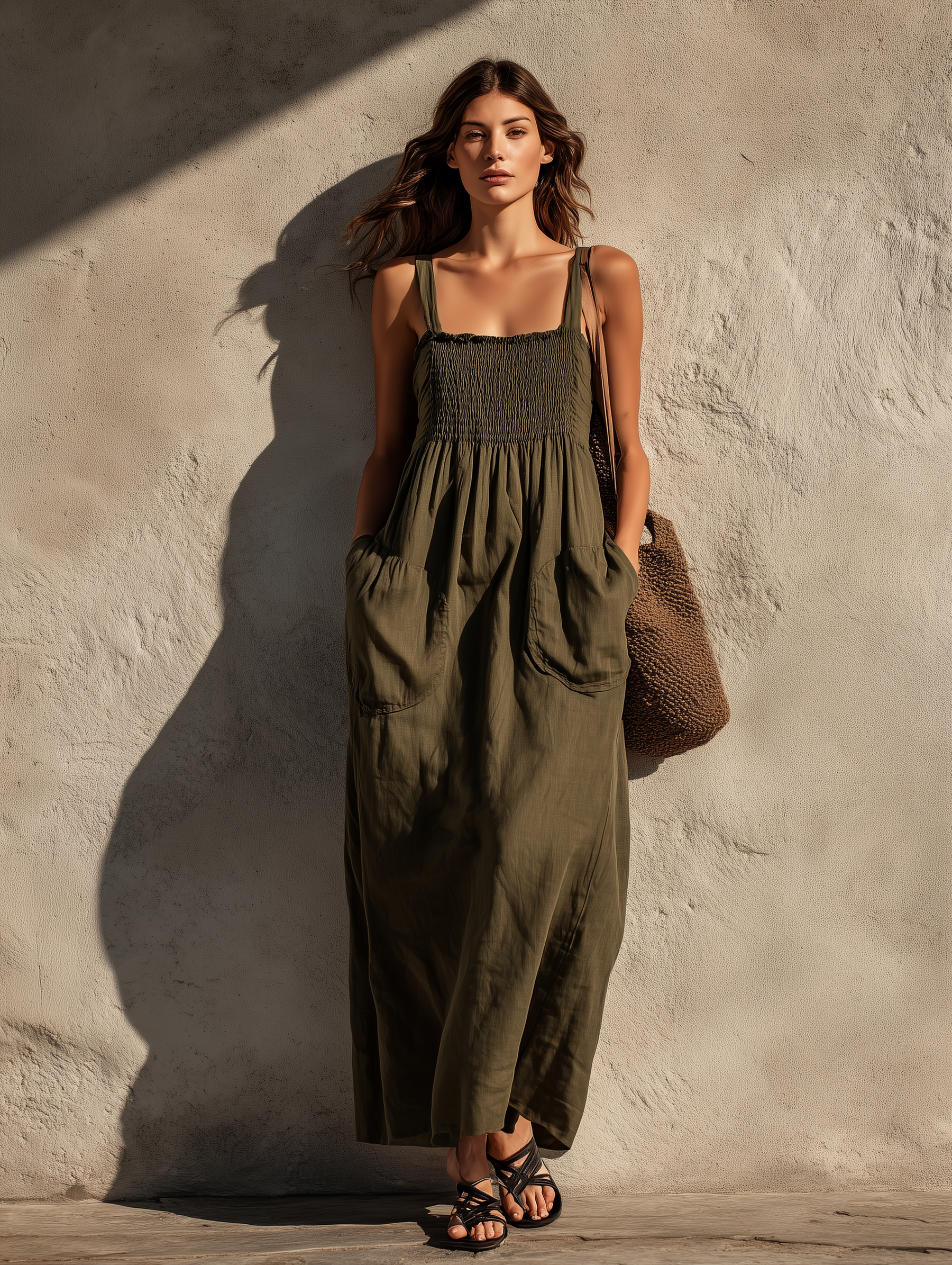 Sarah - Women's Casual Olive Green Cotton-Linen Maxi Dress