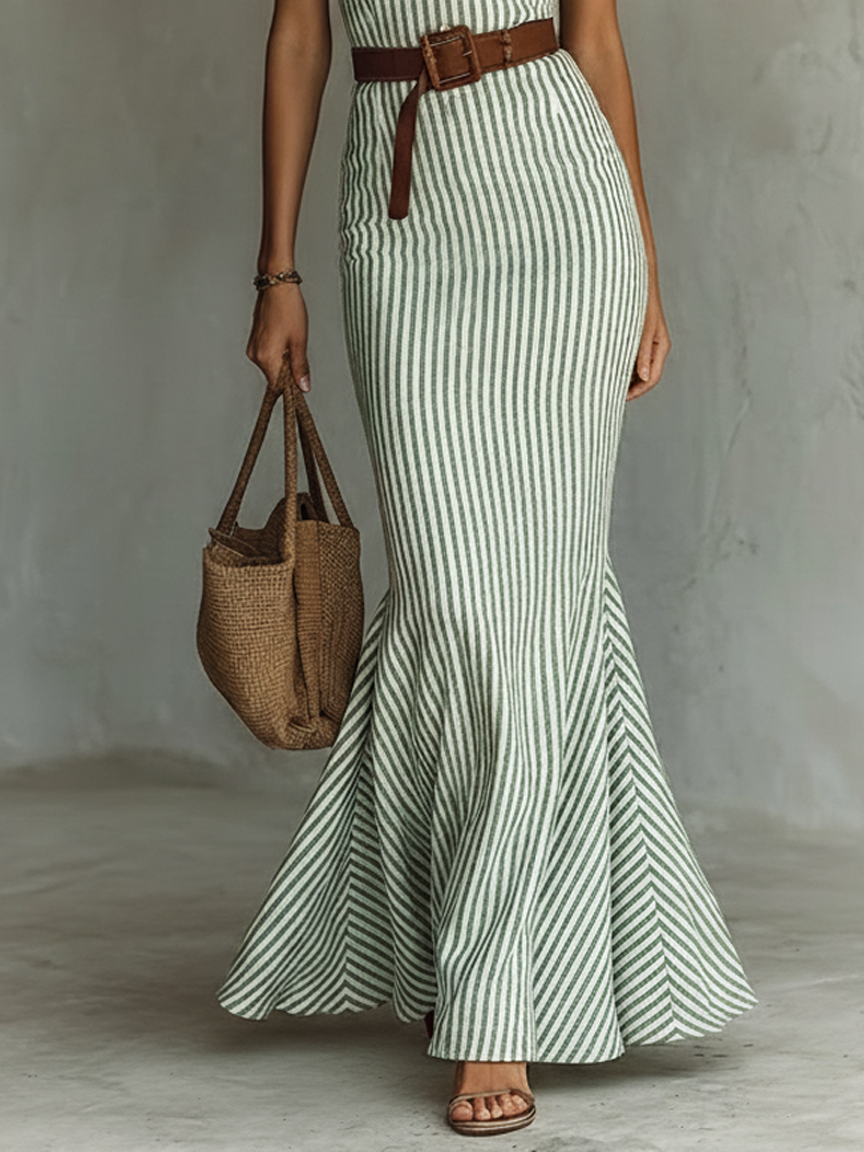 Maxi Fishtail Bodycon Sleeveless Linen Blend Dress with Minimalist Stripes (Belt Not Included)