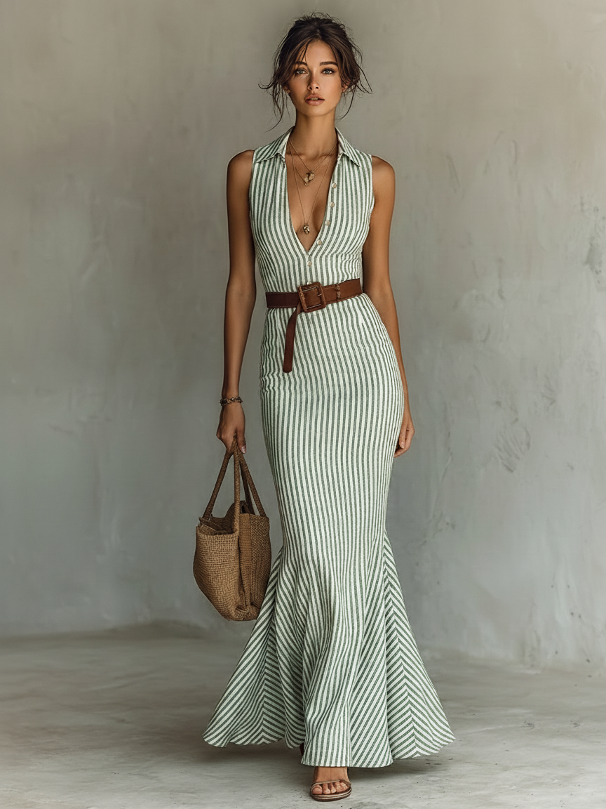 Maxi Fishtail Bodycon Sleeveless Linen Blend Dress with Minimalist Stripes (Belt Not Included)