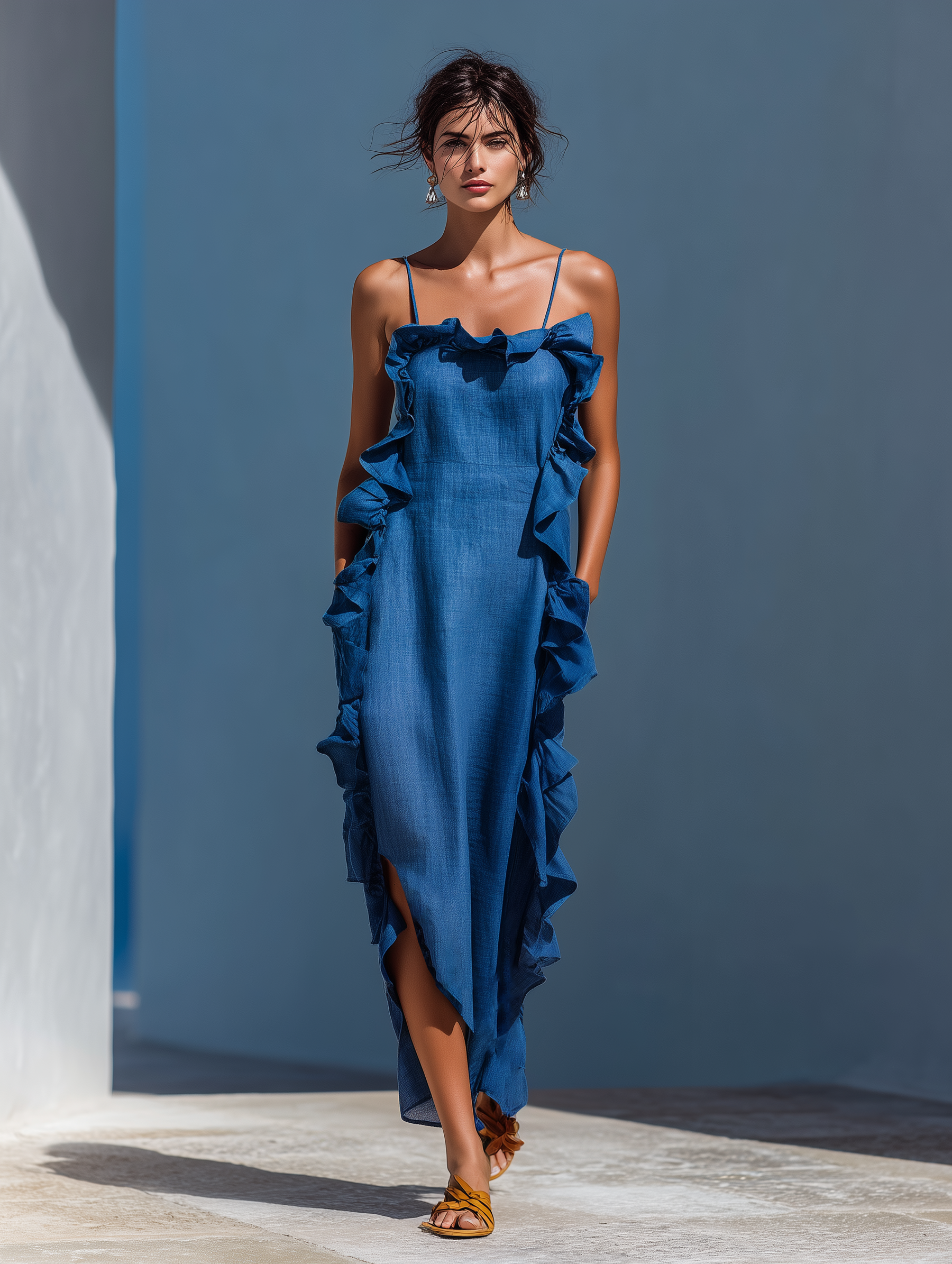 Women's Blue Linen Maxi Dress with Thin Straps and Ruffles