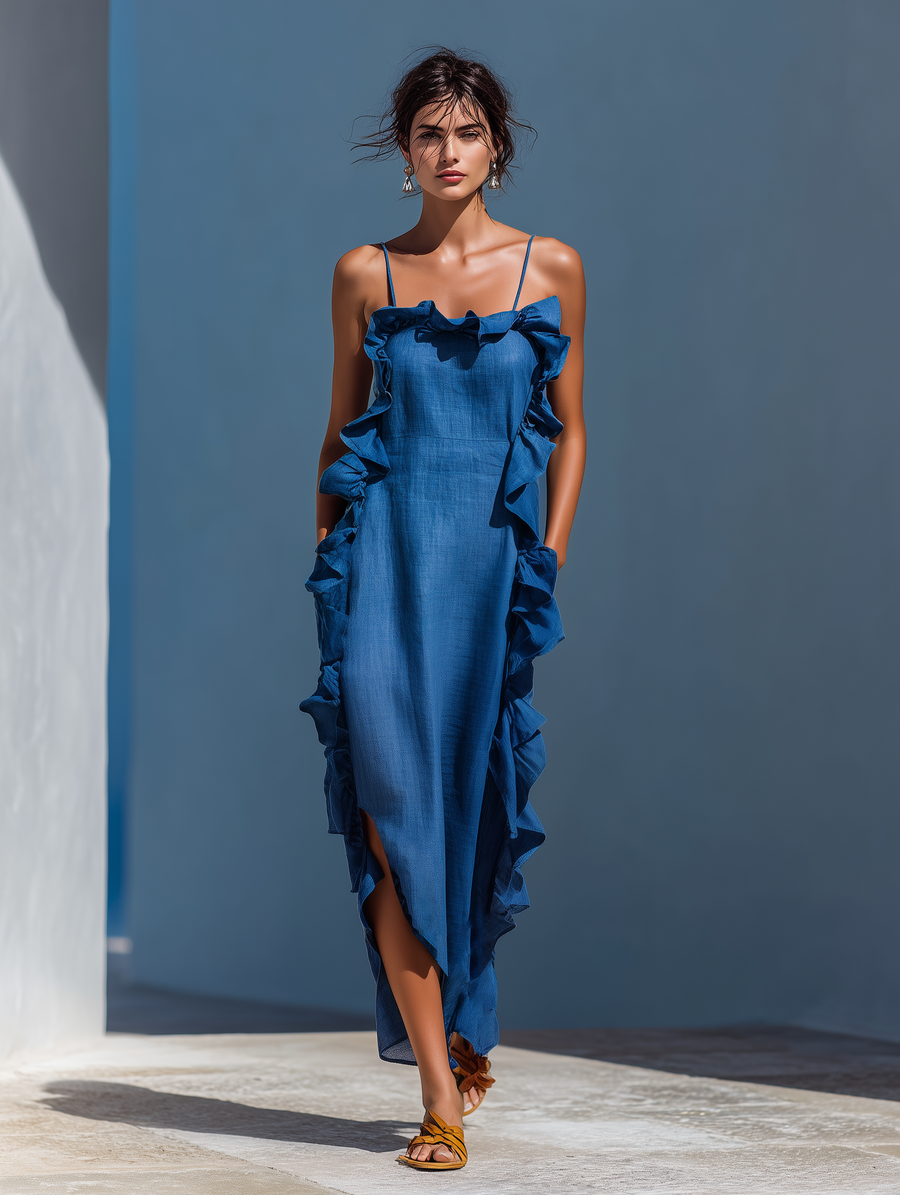 Women's Blue Linen Maxi Dress with Thin Straps and Ruffles