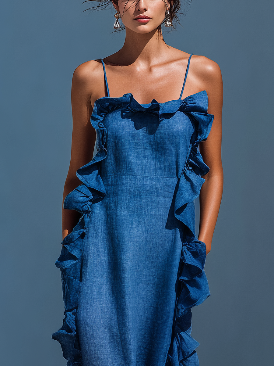 Women's Blue Linen Maxi Dress with Thin Straps and Ruffles