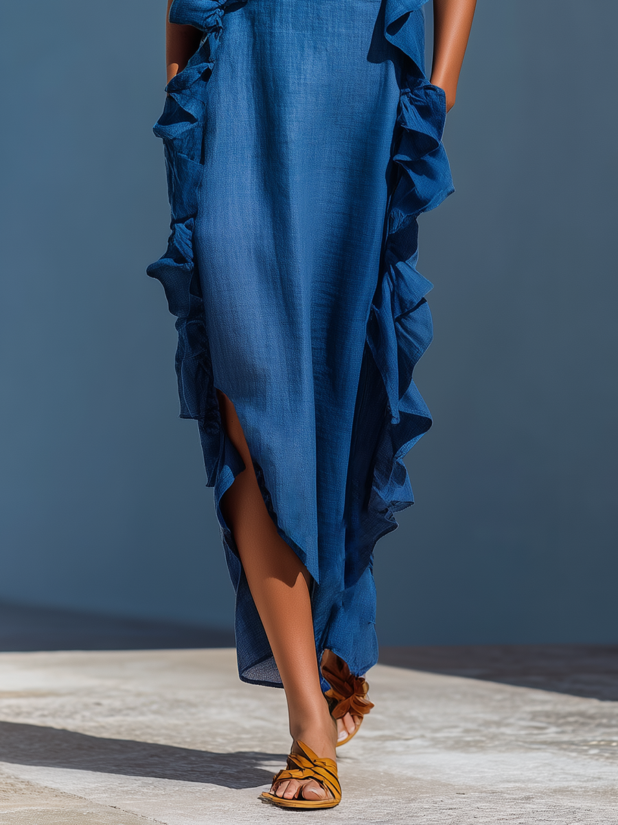 Women's Blue Linen Maxi Dress with Thin Straps and Ruffles