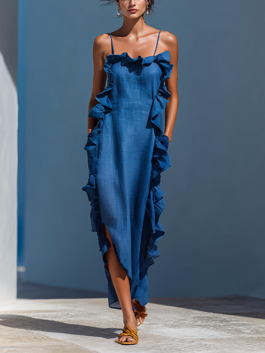 Women's Blue Linen Maxi Dress with Thin Straps and Ruffles