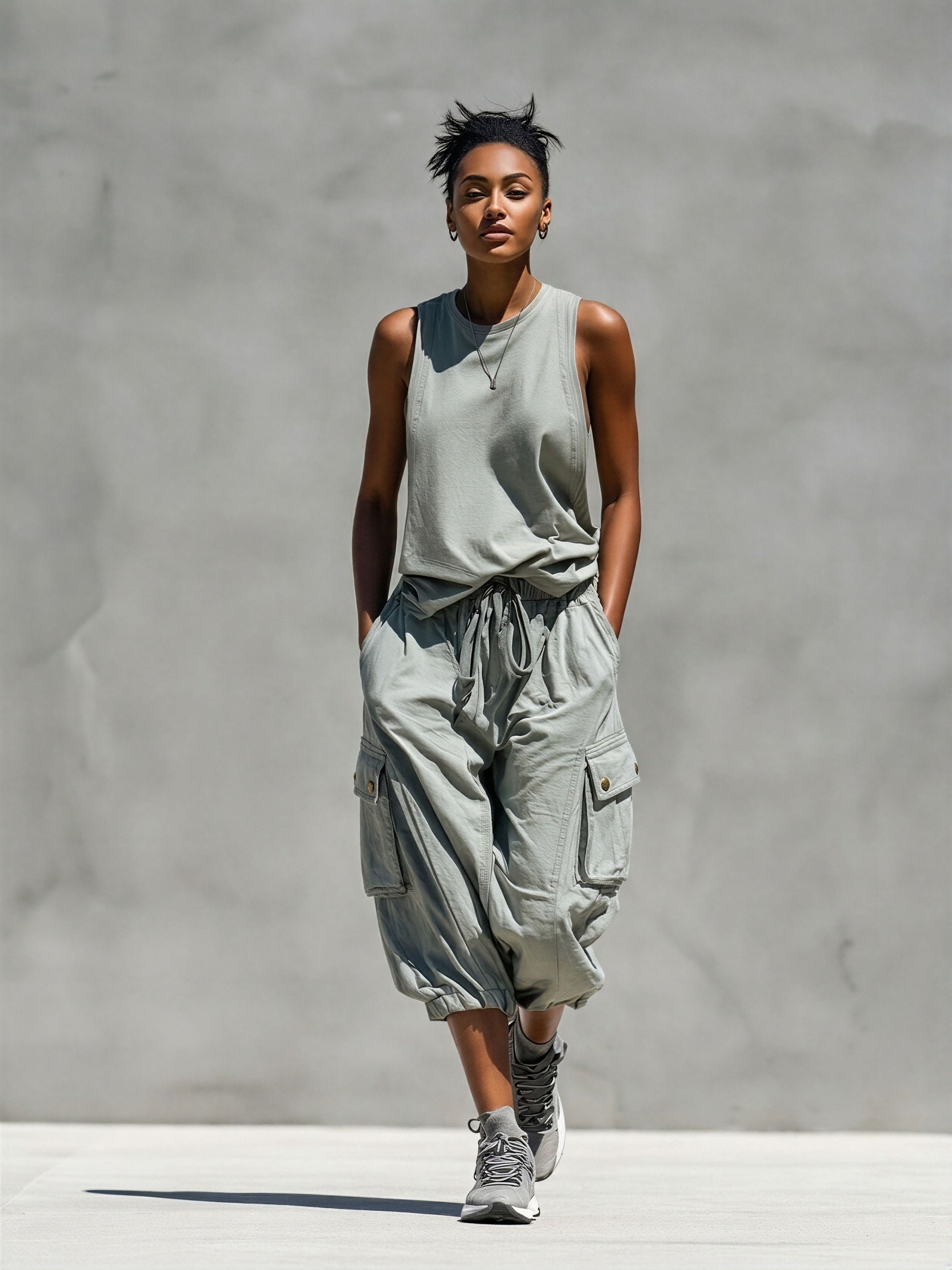 Two-Piece Women's Gray Sleeveless Tank Top and Cargo Shorts Set
