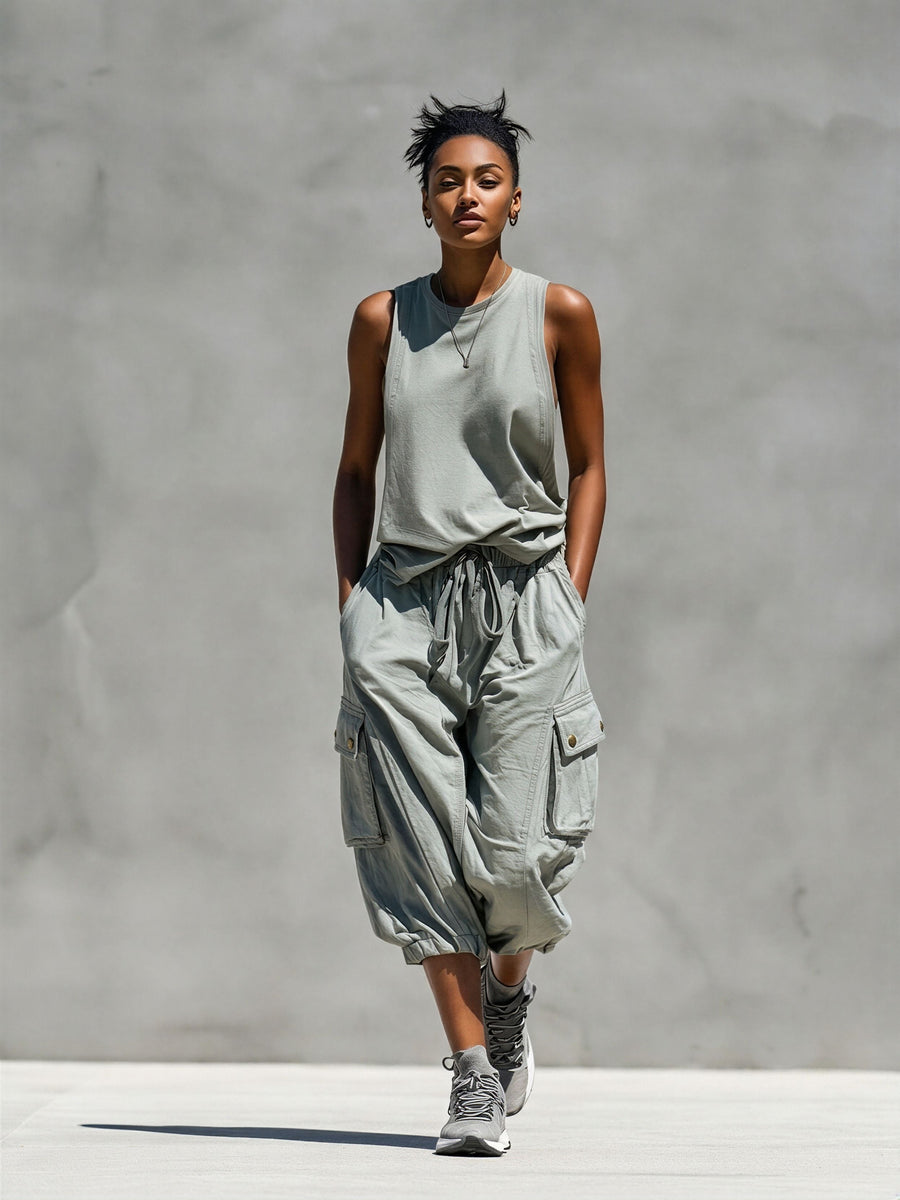 Two-Piece Women's Gray Sleeveless Tank Top and Cargo Shorts Set