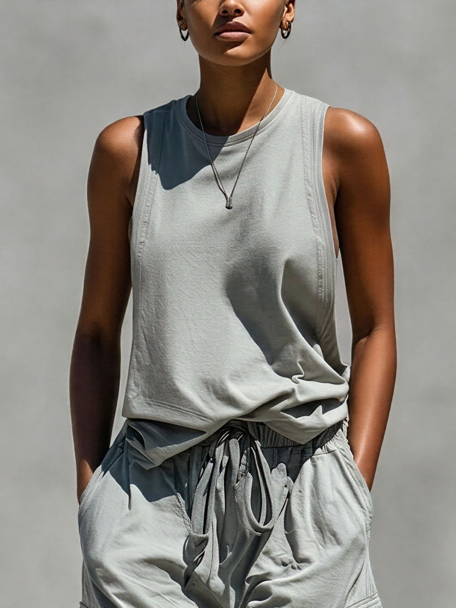 Two-Piece Women's Gray Sleeveless Tank Top and Cargo Shorts Set