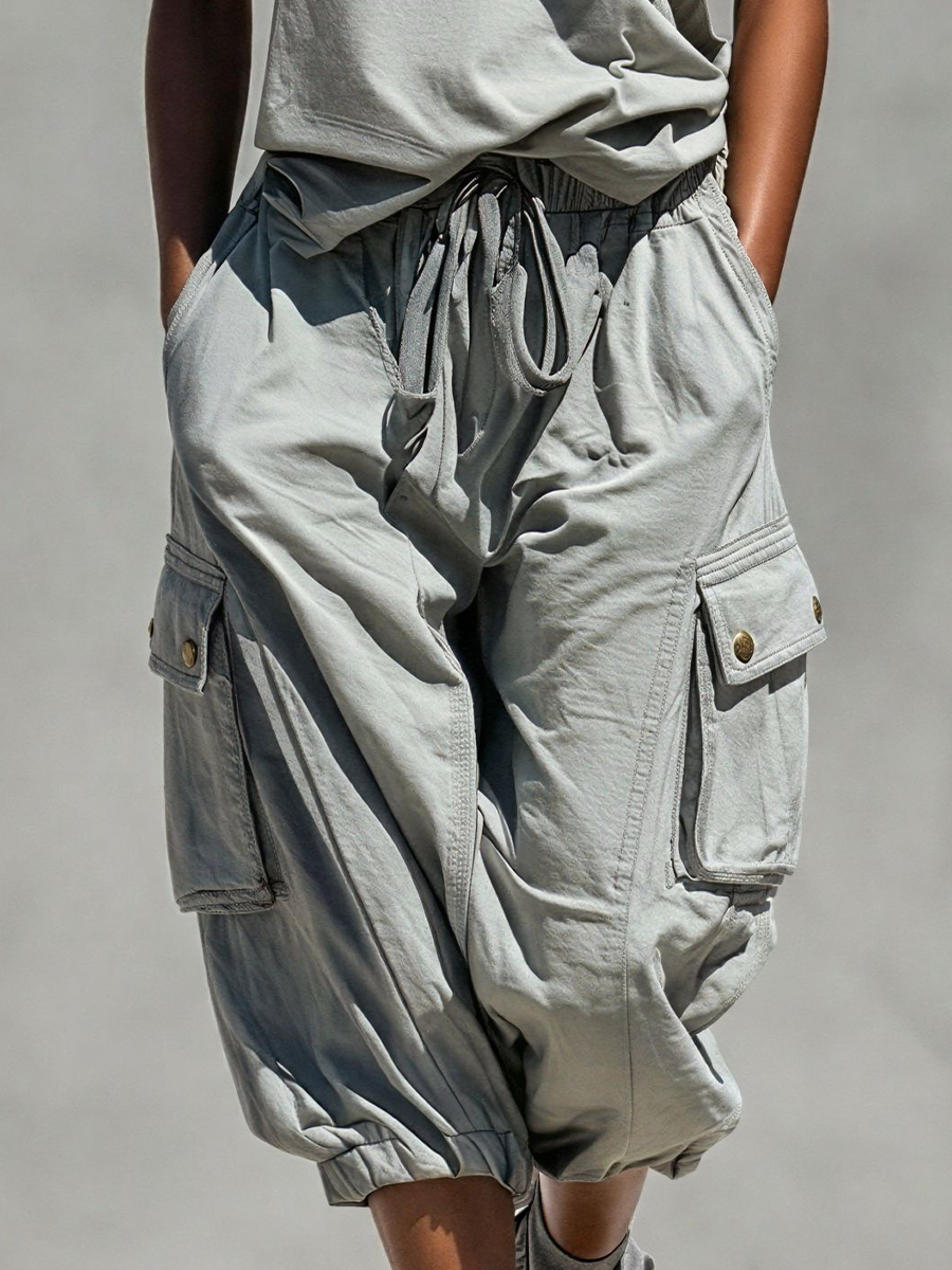 Two-Piece Women's Gray Sleeveless Tank Top and Cargo Shorts Set