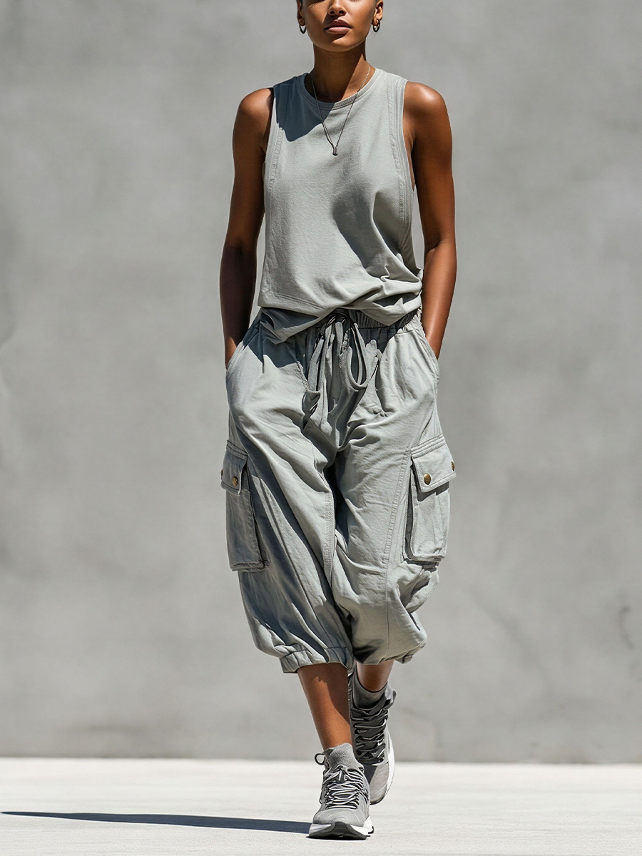 Two-Piece Women's Gray Sleeveless Tank Top and Cargo Shorts Set