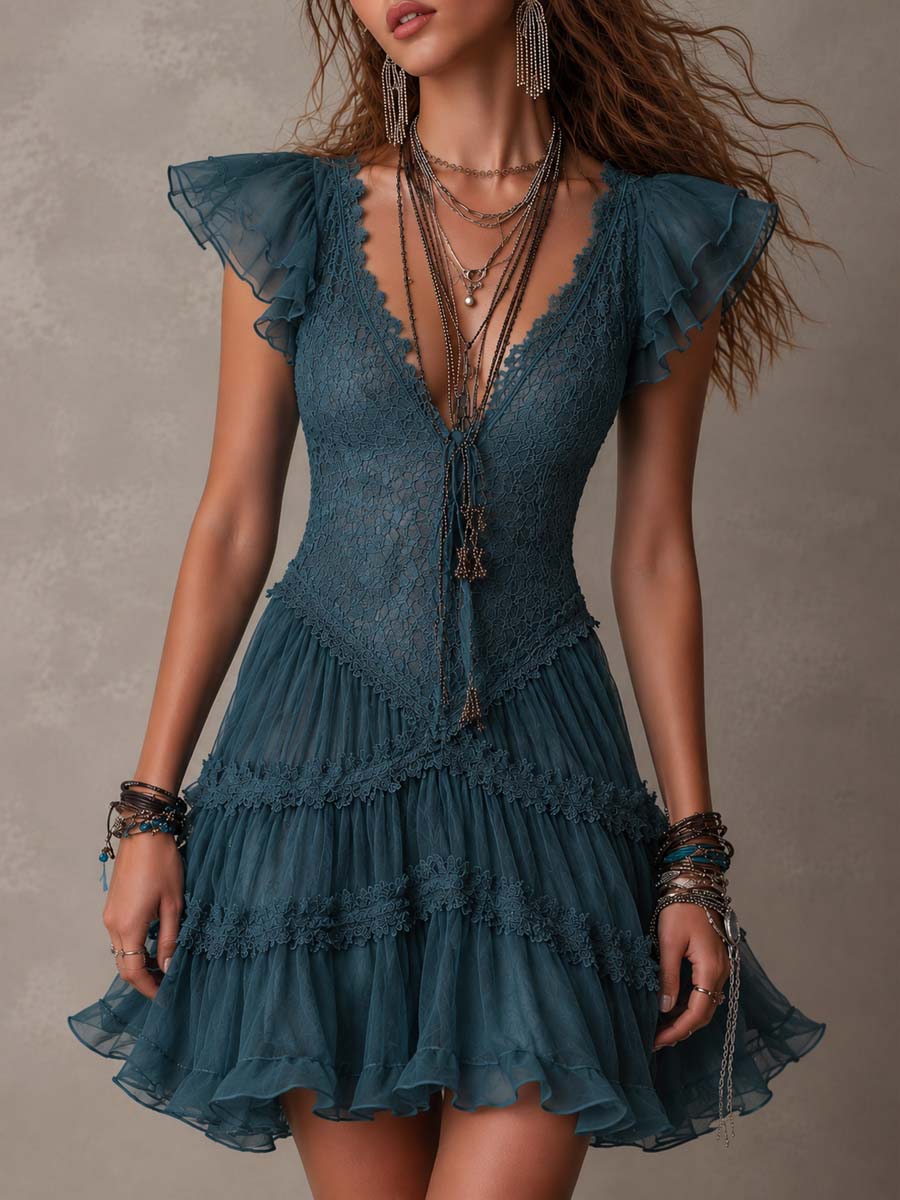 Retro Sea Blue Lace And Chiffon Ruffled Mini Dress