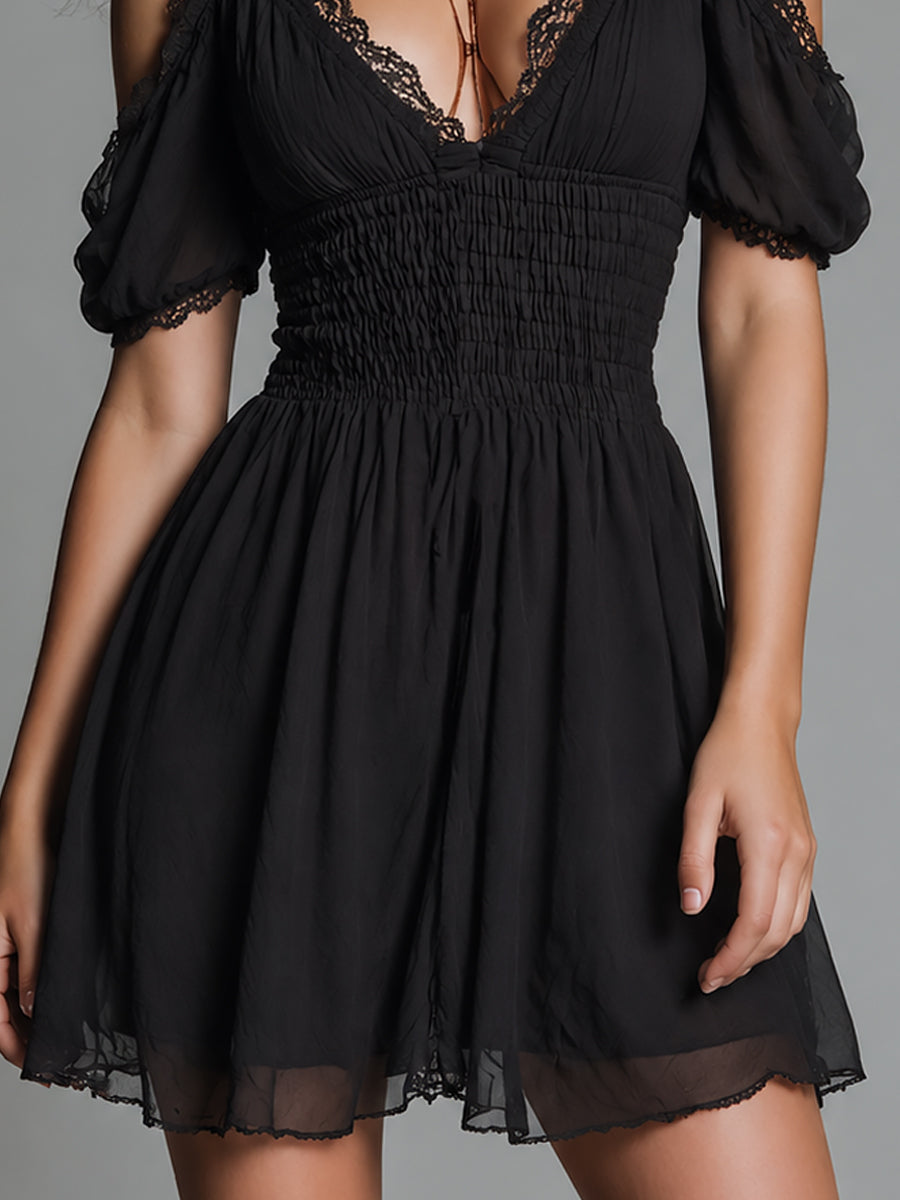 Boho Smocked-waist Cut-out Shoulders Chiffon Mini Dress