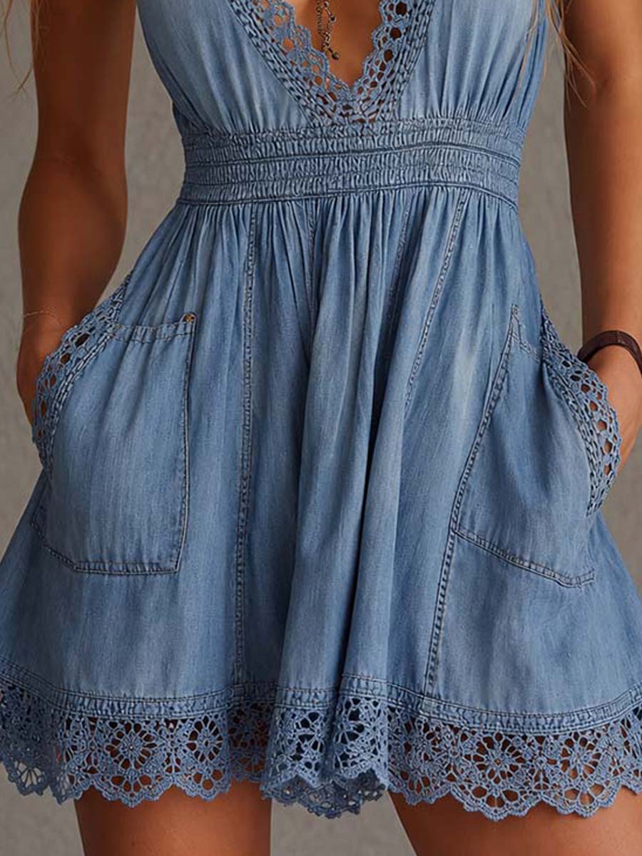 Vintage Denim Halter Lace Trim Mini Dress