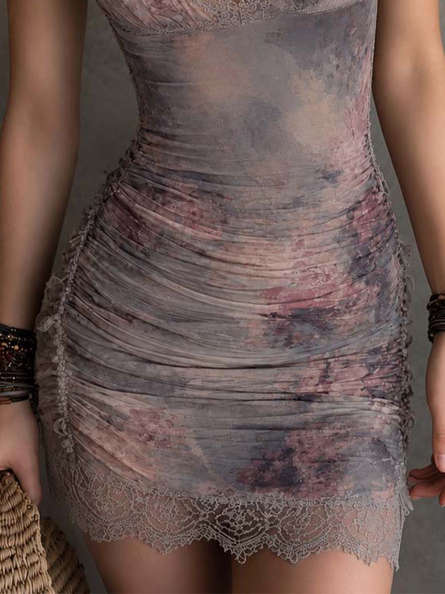 High Neck Cutout Floral Mesh Ruched Lace Mini Dress