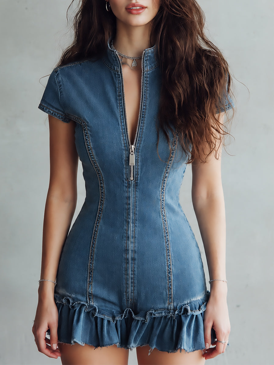 Boho-style Front Zipper Washed Denim Mini Dress With Ruffled Hem