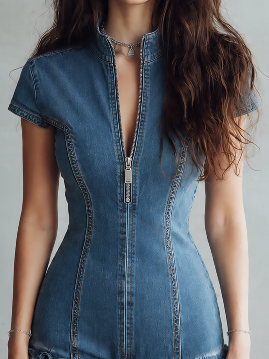 Boho-style Front Zipper Washed Denim Mini Dress With Ruffled Hem