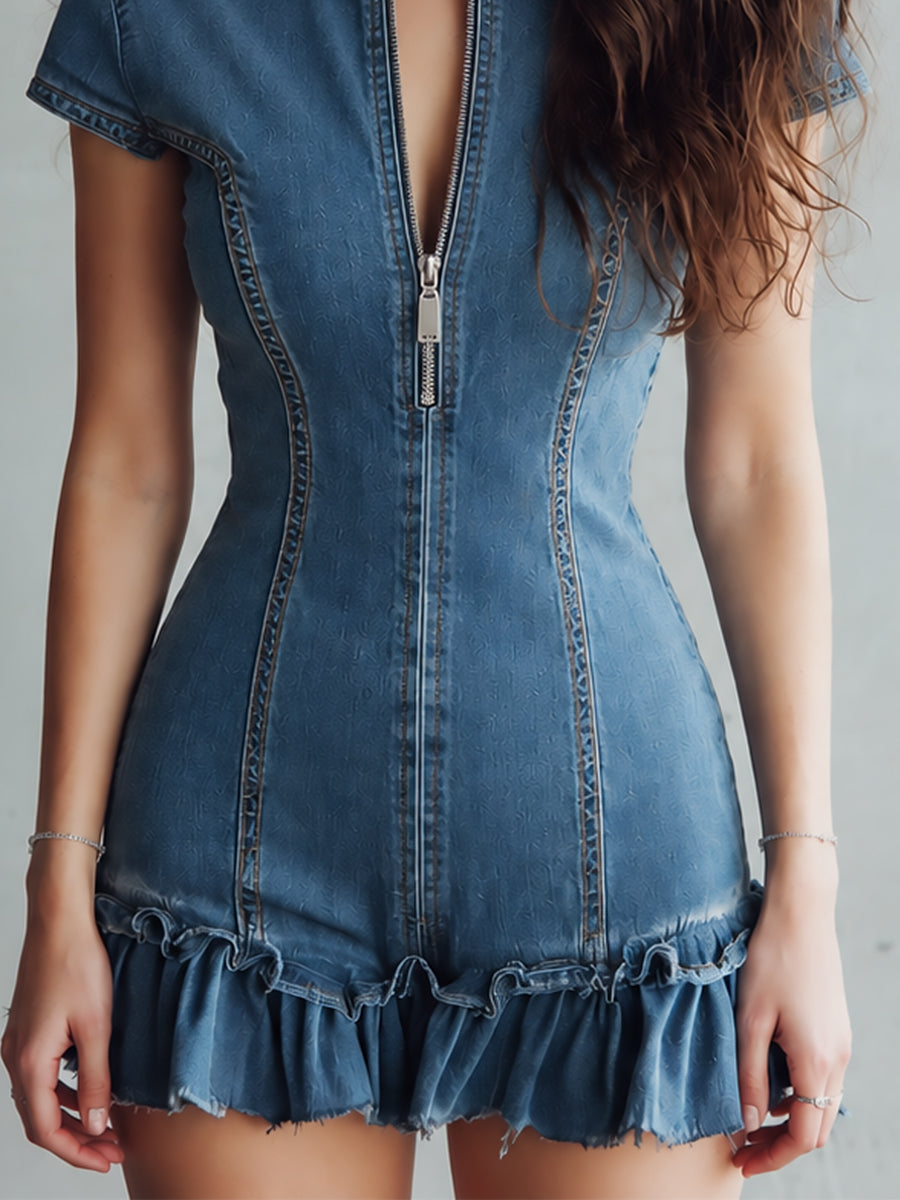 Boho-style Front Zipper Washed Denim Mini Dress With Ruffled Hem