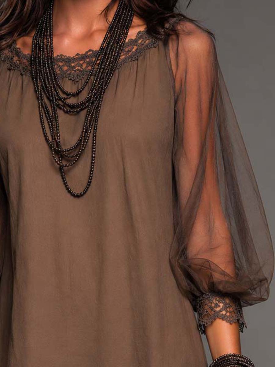 Boho Boat Neck Puff Mesh Sleeve Floral Cutwork Lace Hem Shift Mini Dress