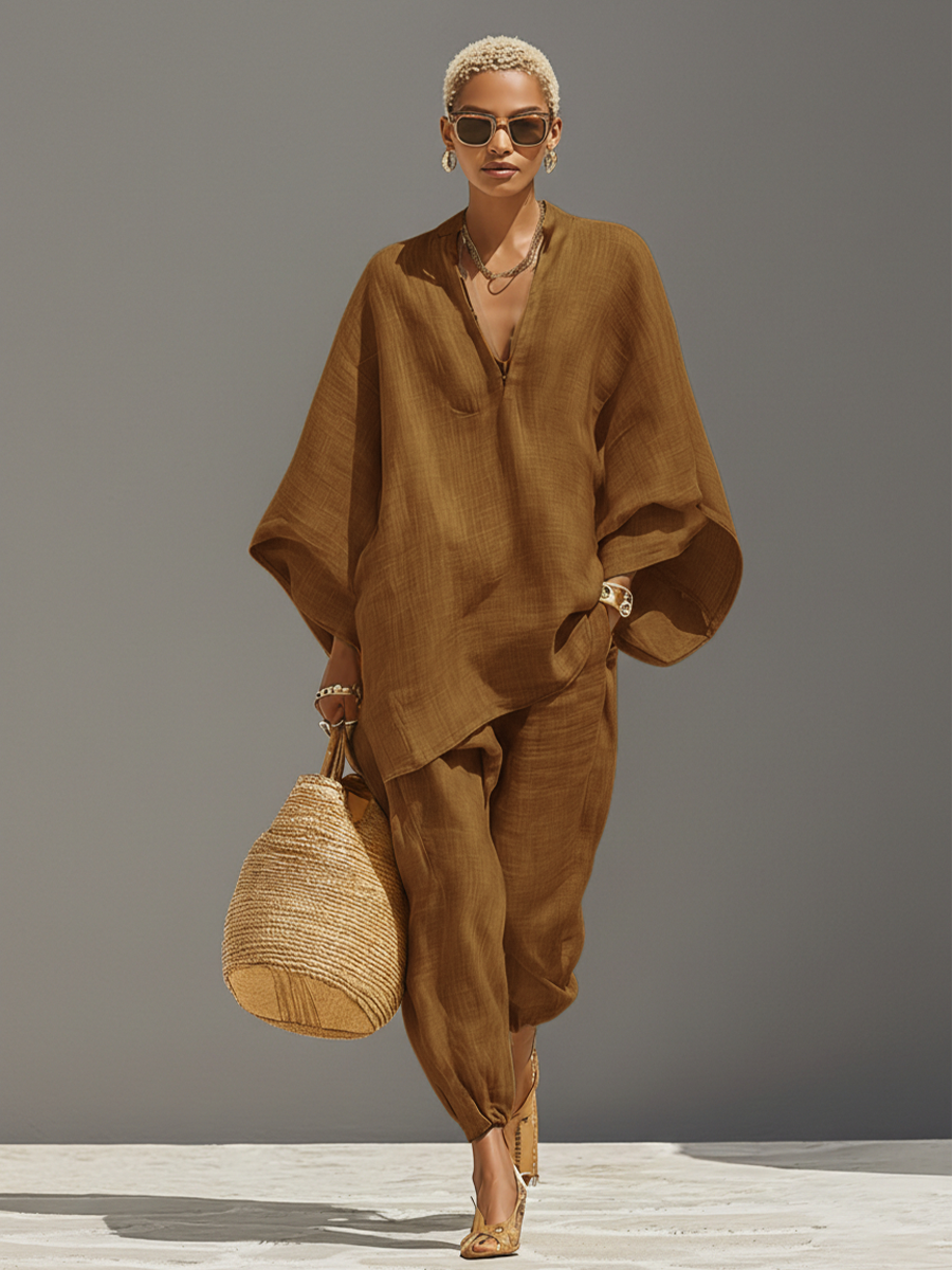 Neutral Linen Women's Set with Asymmetrical Hem and Minimalist Design, Sophisticated Daily-Casual Style Set