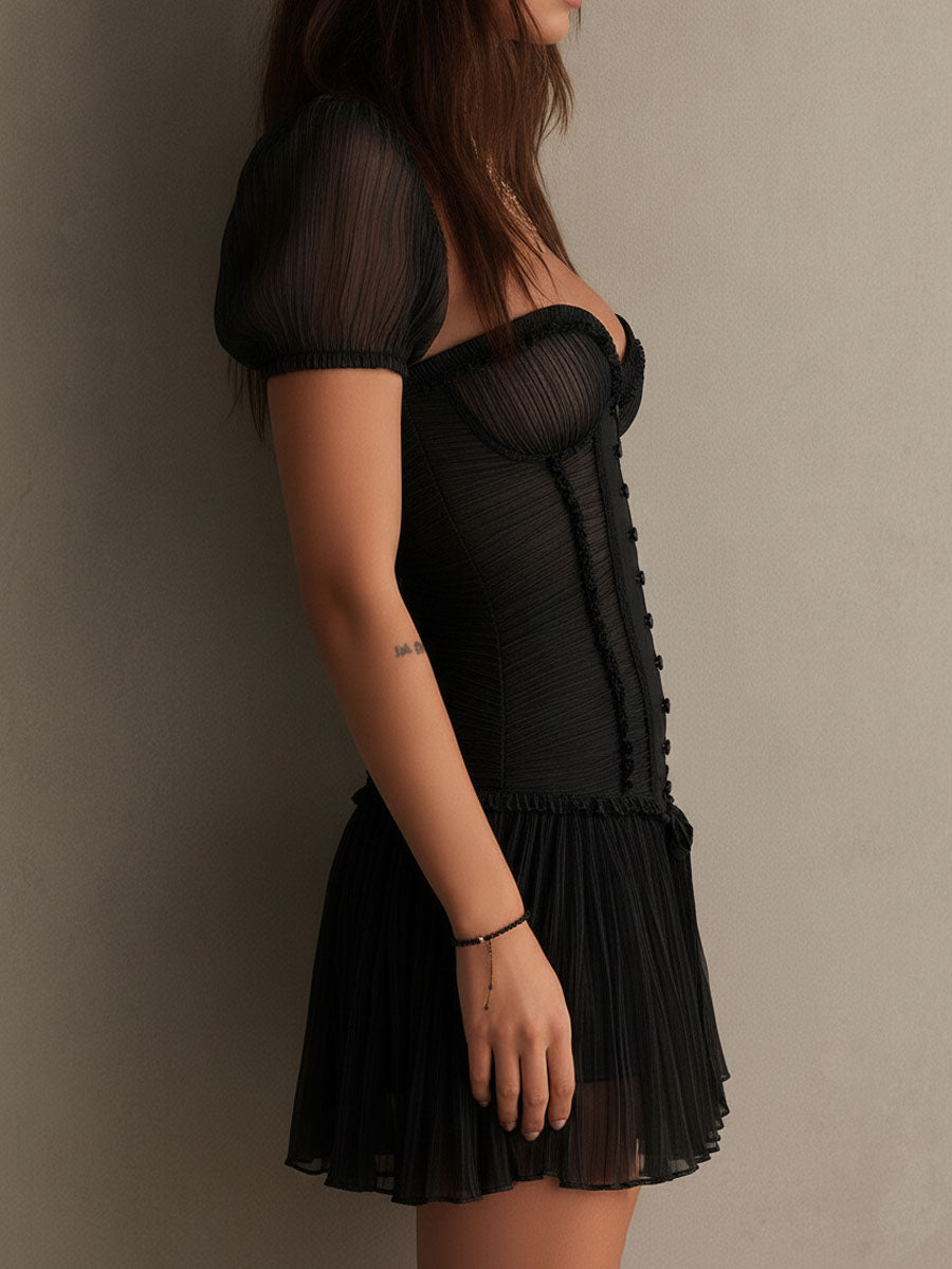 Boho Romantic Black Mesh Pleated Skirt Corset Mini Dress