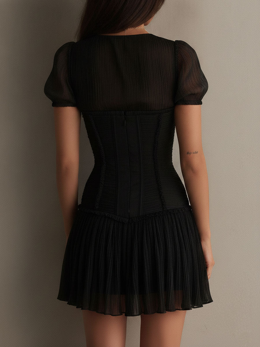Boho Romantic Black Mesh Pleated Skirt Corset Mini Dress
