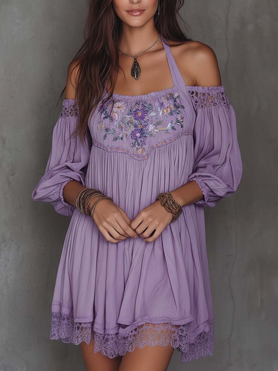 Vintage Softness Embroidered Off-Shoulder Mini Dress