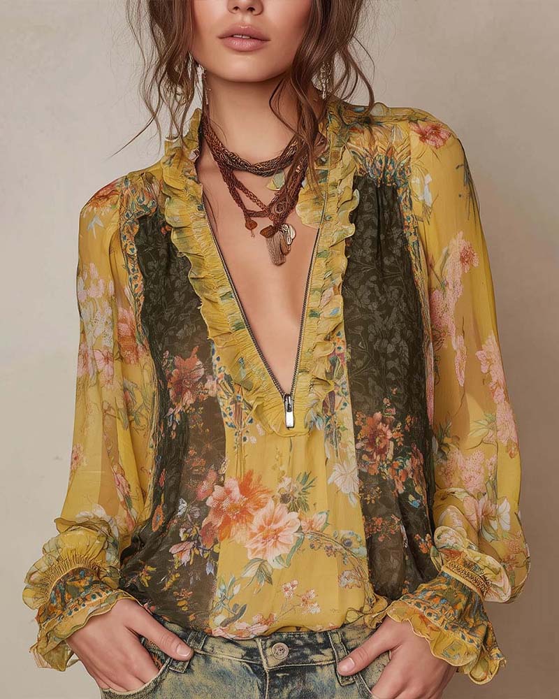 LILLIAN – ROMANTIC FLOWER BLOUSE WITH ZIPPER