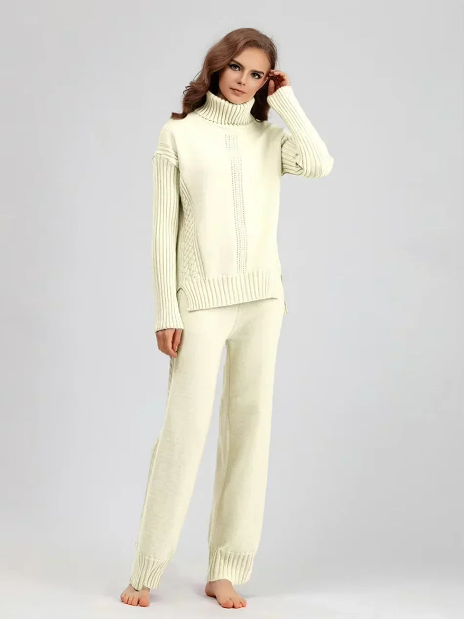 Scarlett - Chic High-Neck Knit Sweater & Loose Pants Set