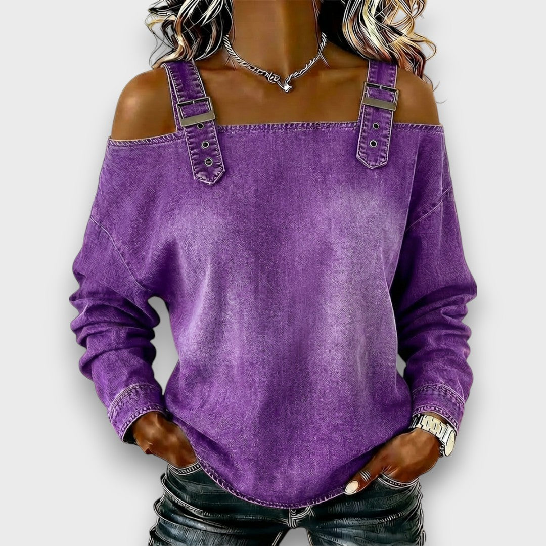 Velmira - Casual Buckle Strap Denim Top